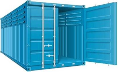 Um container azul ventilado maino com uma porta aberta
