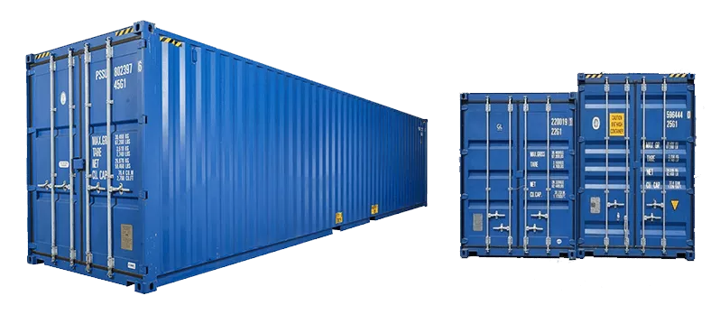 Container high cube na cor azul. Indicado para cargas volumosas com baixo peso.