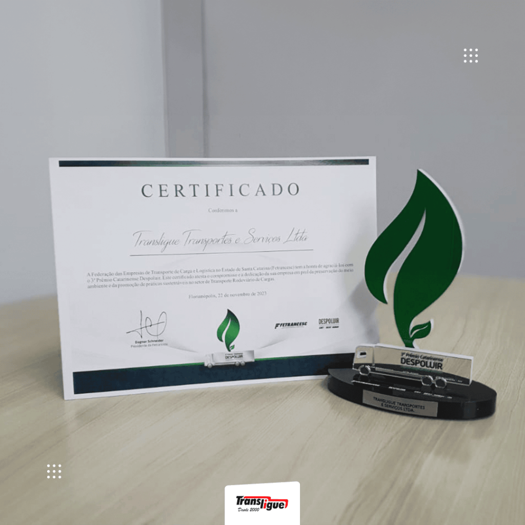 Certificado recebido pela Transligue do Prêmio Catarinense Despoluir