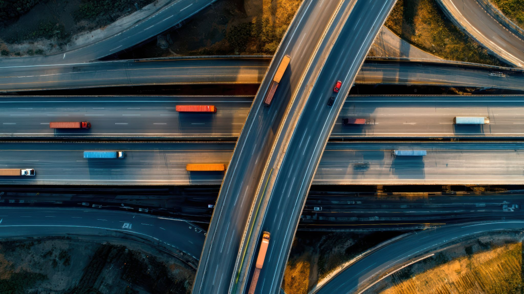 Vista aérea de rodovias com caminhões em circulação, representando o transporte rodoviário de cargas e a logística no Brasil